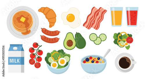 A colorful flat lay illustration of a complete breakfast spread