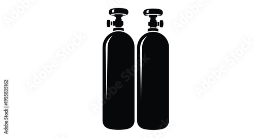Two black oxygen tanks stand side by side a stark silhouette