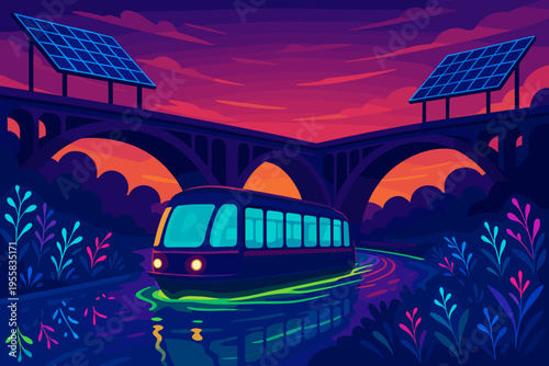 Bright colors fill the sky as a train travels under a bridge with solar panels during dusk