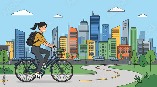 Woman Riding Bicycle On City Road.