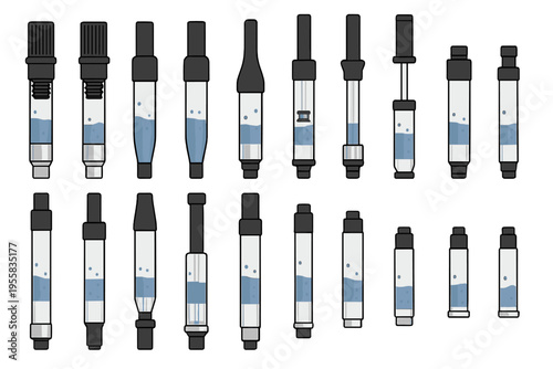 Different types of water filters and their designs arranged in a row with water inside for demonstration purposes