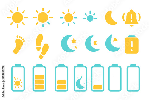 Symbols of daily activities and battery status shown in simple graphics during day and night times