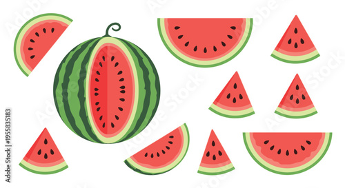 Assorted watermelon slices and a whole fruit in a playful arrangement