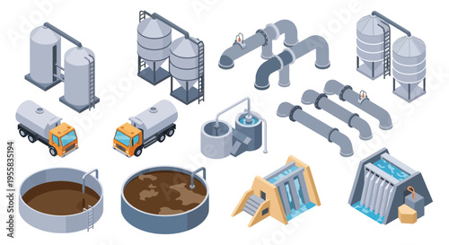 Isometric illustration of a wastewater treatment plant and associated infrastructure
