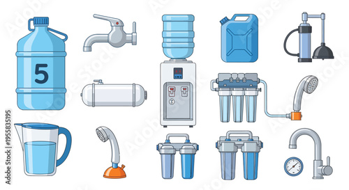 Various water containers dispensers and filtration systems illustrated in cartoon style
