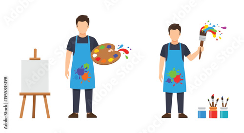 Artist with painting supplies easel palette and paintbrush