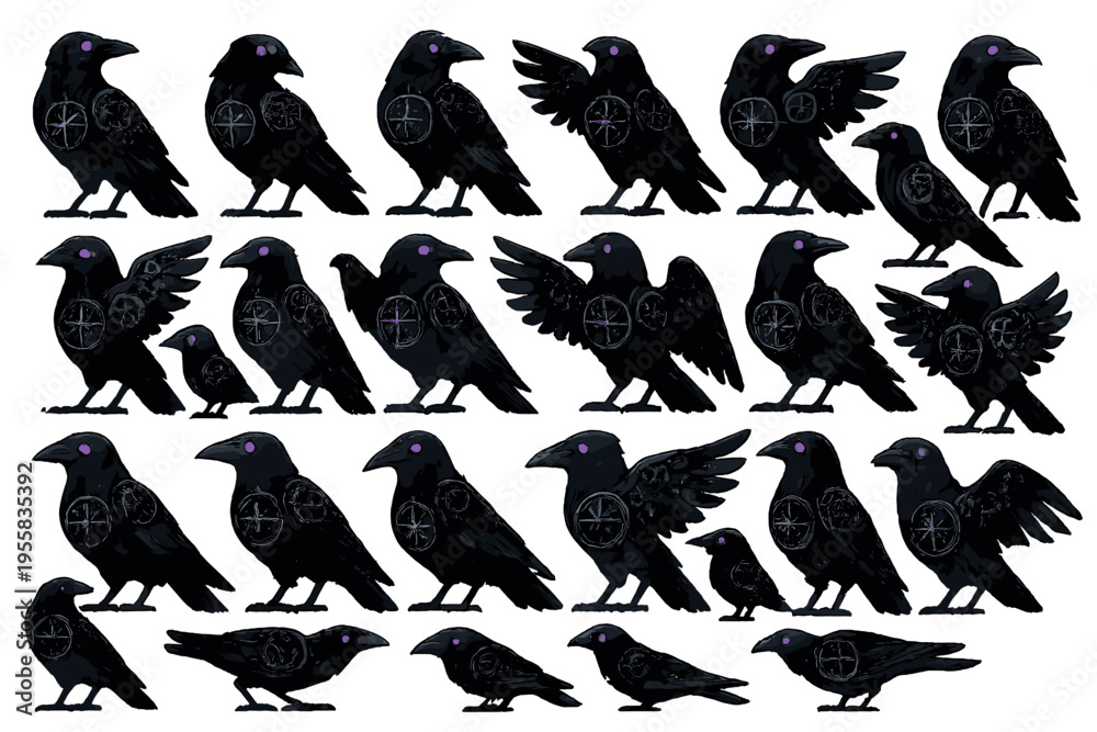 Fototapeta premium Crow illustrations with various postures and designs on display for art or design projects