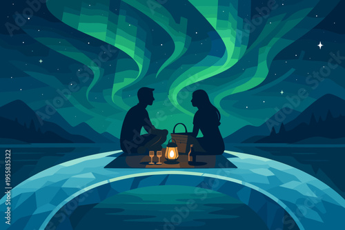 Couple sits on an ice platform under northern lights while enjoying drinks in a peaceful setting