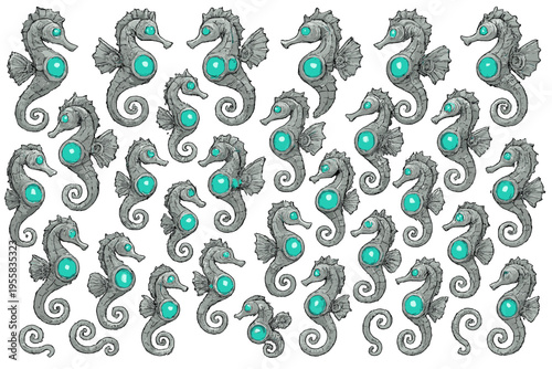 Seahorses with blue orbs create a pattern on a light background in an artistic display of marine life