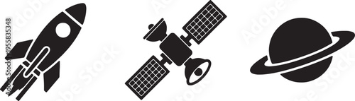 Illustrations of space exploration and celestial bodies in black and white icons