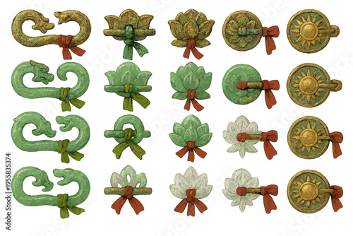 Various designs of traditional decorative ornaments with detailed patterns and colors arranged in neat rows on a plain background