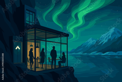 Viewers watch the northern lights above a lake from a cabin during the evening in a mountain area