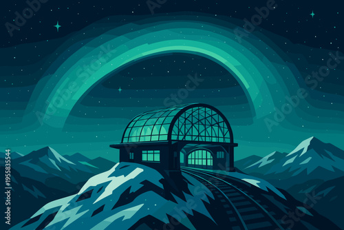 Colorful northern lights shine over train tracks leading to a glass building on a mountain top in a starry night sky