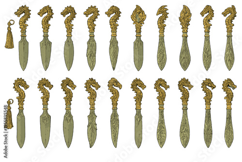 Collection of dragon-themed knife-shaped items displayed on a white background in a neat arrangement