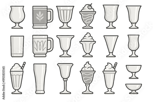 Different types of drinkware on display showing glasses and cups for various beverages and desserts in simple designs