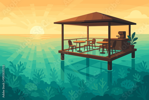 Dining area over calm water during sunset with chairs and tables placed under a wooden shelter