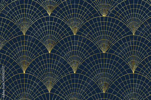 Patterns of geometric shapes with golden lines and dark background in regular arrangement showing modern design
