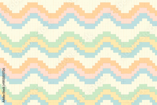 Colorful wavy pattern made of blocks in pastel shades on a light background with a grid