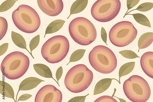Fruit pattern design with plums and leaves on a light background