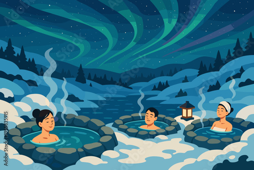 People relax in hot springs under the northern lights in a snowy landscape during nighttime