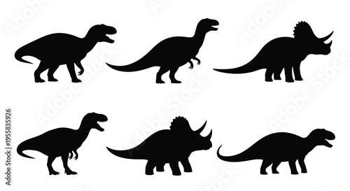 Dinosaur silhouettes including a tyrannosaurus rex and triceratops silhouette