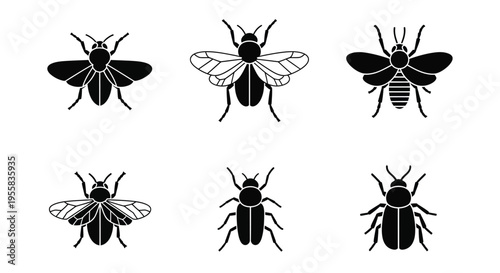 Three bees and two beetles in a simple black silhouette