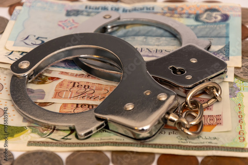UK currency and handcuffs symbolizing fraud investigation and economic violations
