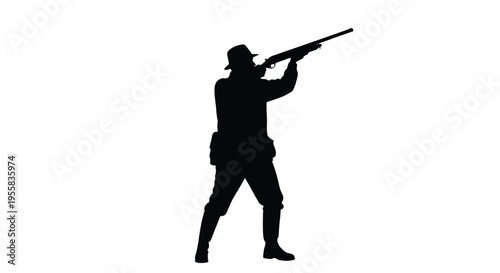 Hunter aiming shotgun against a white background dramatic silhouette