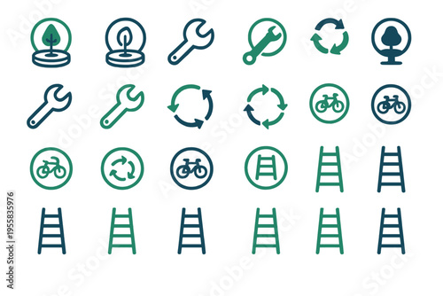 Icons representing different tools and concepts related to sustainability and cycling displayed in a simple grid format for easy reference
