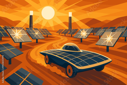 Solar car drives through solar panel field under bright sun in desert landscape during afternoon
