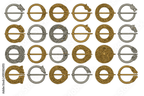 Various designs of ancient brooches on a white background showcase different styles from historical cultures and traditions