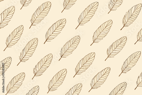 Design of brown feathers on a light background in a repeating pattern with simple details and lines throughout the surface