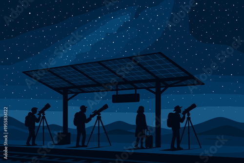 People using telescopes under a clear starry sky near a solar panel station at night