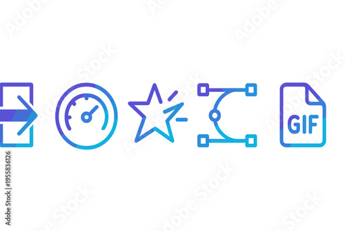 Icons show various digital functions including export, speed, effects, adjustments, and file formats in a clean design