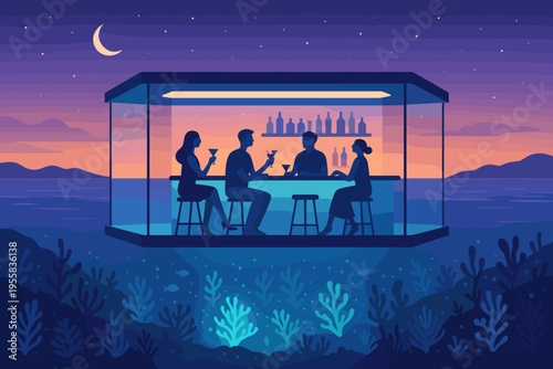 People enjoy drinks at a bar by the sea during evening hours with a moonlit sky in the background