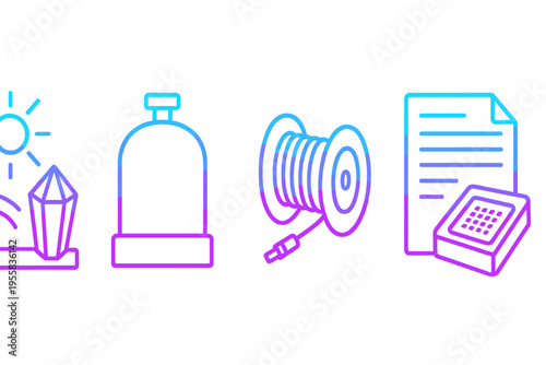 Colorful icons showing sun, bell, spool of thread, and document arranged in a line on a white background