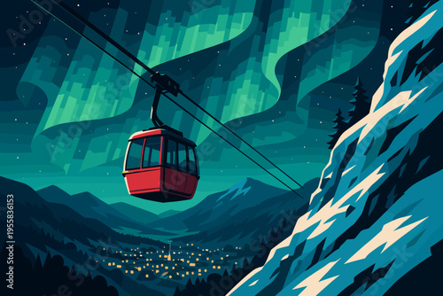 Cable car travels over a snowy mountain under northern lights with a small town in the background at night