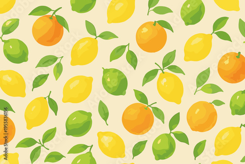 Colorful pattern of lemons and oranges with green leaves on a light background
