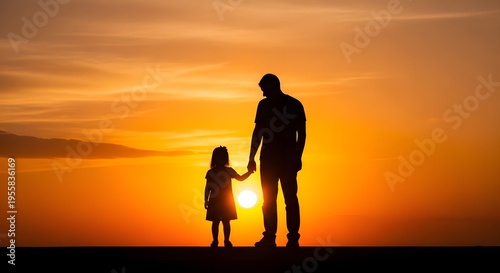 Heartwarming father's day silhouette of dad and child at sunset