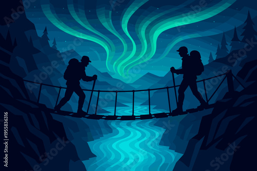 Two hikers cross a rope bridge over a river under the northern lights in a mountain landscape at night