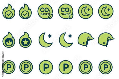 Various icons showing achievements in saving CO2 and promoting environmental awareness in a simple design layout