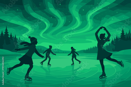 People skate on an ice rink under the northern lights in a winter landscape during the evening