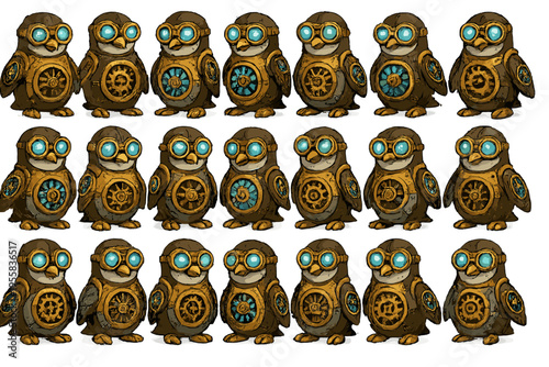 Cute robot penguins in a grid pattern with goggles and clockwork designs