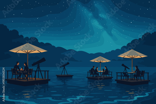 Couples sitting at tables on floating platforms under a starry sky with telescopes pointing at the night sky