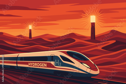 Hydrogen train travels across desert landscape at sunset with tower lights in the background