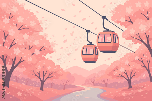 Cable cars move through pink trees in a spring landscape with a river and mountains