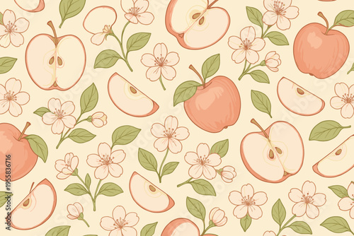 Pattern of apples and blossoms with fruit and flowers on a light background