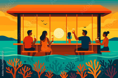 People enjoy drinks at a bar over the water while watching the sunset and relaxing in a tropical setting