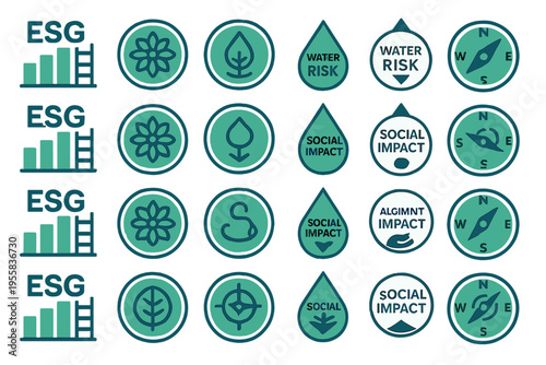 ESG symbols and icons showing environmental, social, and governance factors in a business context