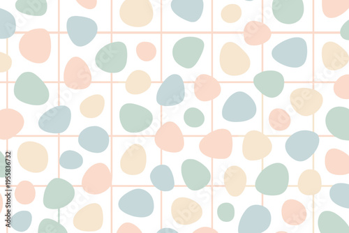 Colorful pattern of abstract shapes arranged in a grid on a white background creates a playful visual scene